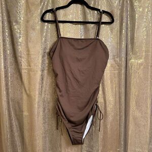 Women's Brown Ribbed One Piece Ruched Side Tie Swimsuit Med NWOT